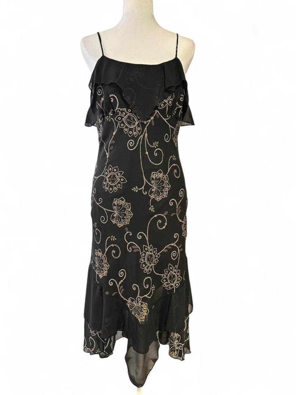 Vintage Y2K Via Monte Black & Gold Floral Chiffon Midi Dress in size L